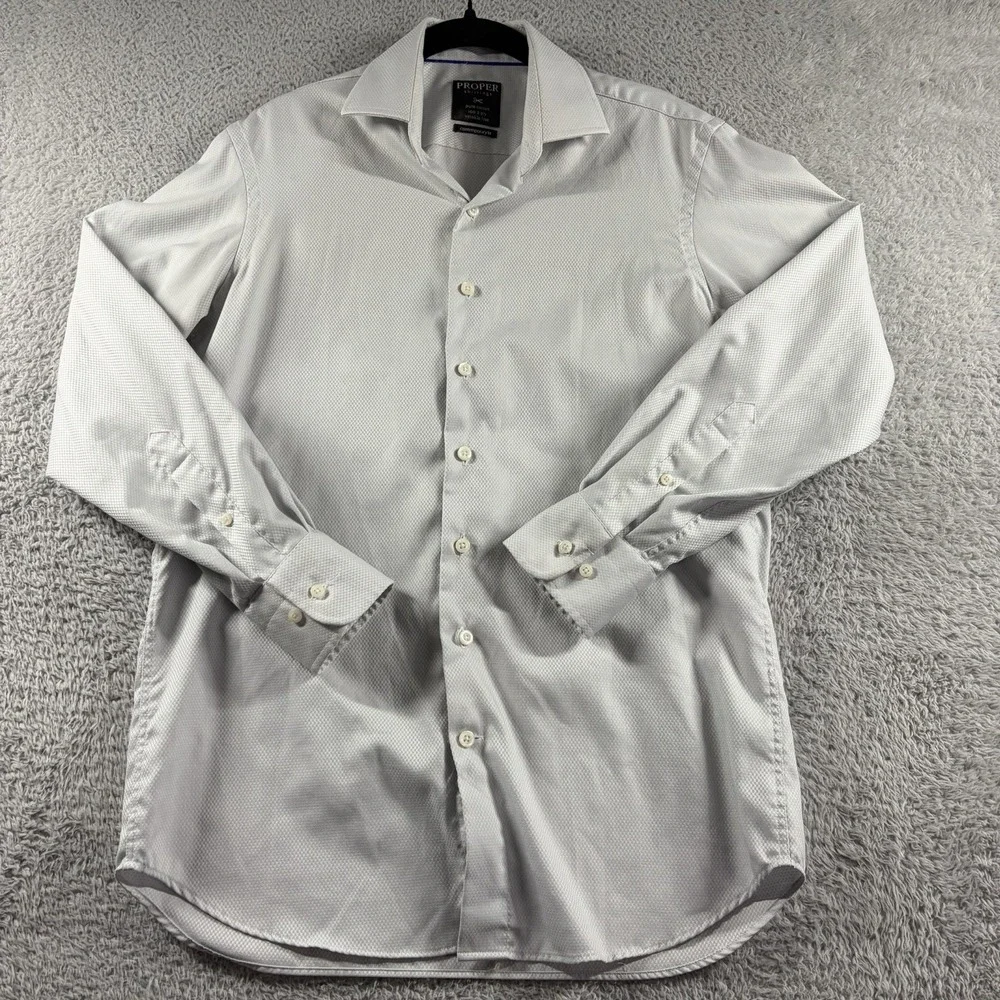 Proper Shirtings Dress Shirt Mens 15 Ivory White Pattern Wrinkle Free - Picture 2 of 9